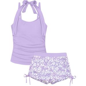 Girls Swimsuit 2 Piece Halterneck Girls Tankini Swimsuit Drawstring Printed Swim Shorts Girl Bathing Suit for 7-18T (Purple)