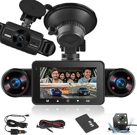 NHOPEEW Dash Cam Front and Rear Inside, 4 Channel Dash Cam 3" IPS Screen Front and Back with 8 IR Night Vision Lights, Loop Recording, 24 Hours Recording, G-Sensor, Reverse Help + 64G Memory Card
