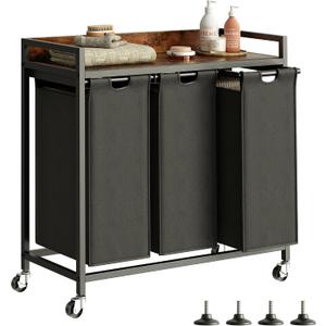Herture Laundry Hamper with Shelf, Laundry Basket 3 Section, Laundry Sorter with Pull-Out Removable Large Bags and Movable Wheels, Metal Frame, 3 x 15.87 Gallons (60L), Rustic Brown + Black PF04XLY, 3 Bags-180 L