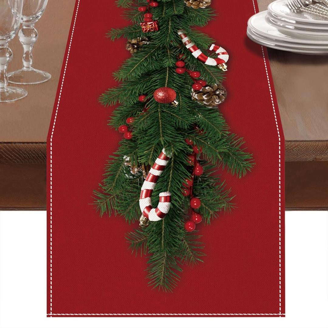 Netnology Watercolor Red Christmas Table Runner with Christmas Tree Branch Decoration,Seasonal Winter Xmas Party Decoration for Holiday Indoor Home Kitchen Decor 13 x 72 Inch