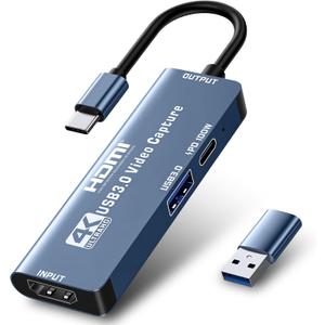 HDMI Video Capture Card 4K Recording 1080P 60FPS Output HDMI to USB A/C Capture Device for Quest 3, PS5/4, Switch2/1, Camera, Xbox, Tablet, PC, OBS, MacOS/Windows, Plug & Play