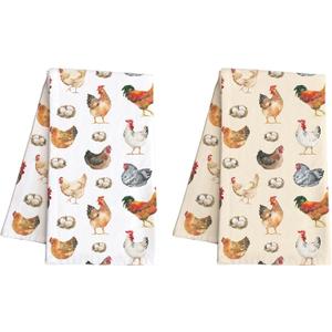 Farmhouse Chicken Print Kitchen Dish Towels Set of 2 - Rustic Hen and Egg Design - Decorative Cotton Tea Towels for Cooking, Drying, and Baking, Farm Animal Kitchen Decor