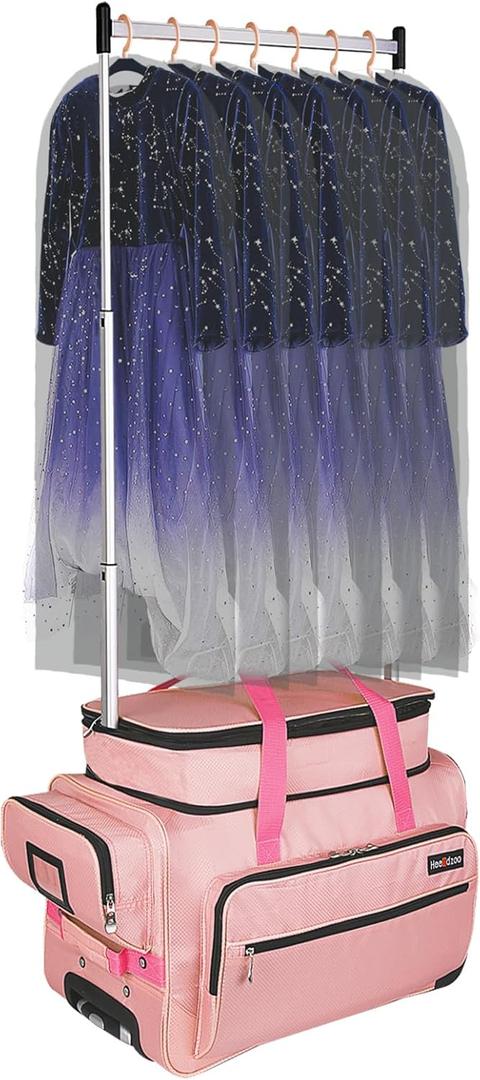 Dance Bag with Garment Rack,23inch Dance Competition Garment Bags with Clothes Rack,Suitcase,Rolling Duffle for Travel, Wheeled Drop-Bottom Upright Luggage Closet Suitcase(Expand-Pink)