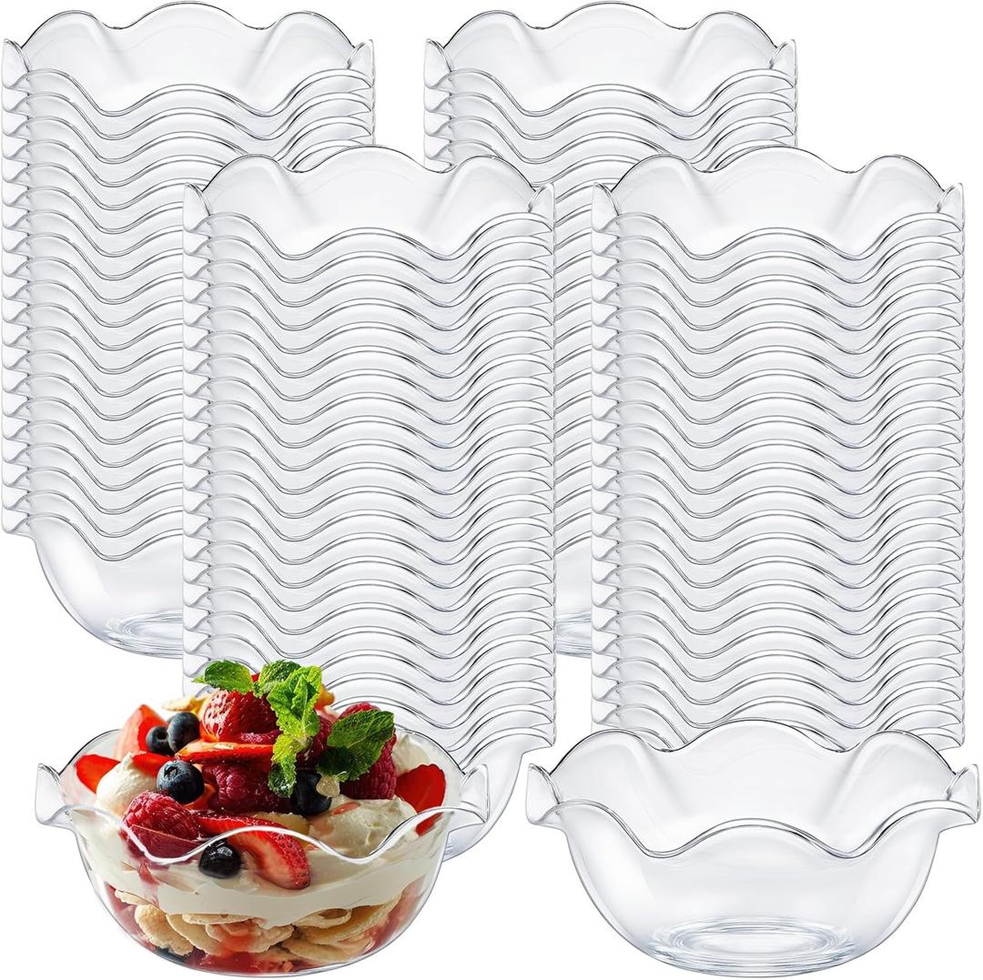 Newtay 100pcs 6oz Small Plastic Dessert Bowls Ice Cream Bowls Reusable Flower Shaped Party Serving Elegant Buffet Serving Cups for Nuts, Salad, Fruit, Snacks and Yogurt (Clear)