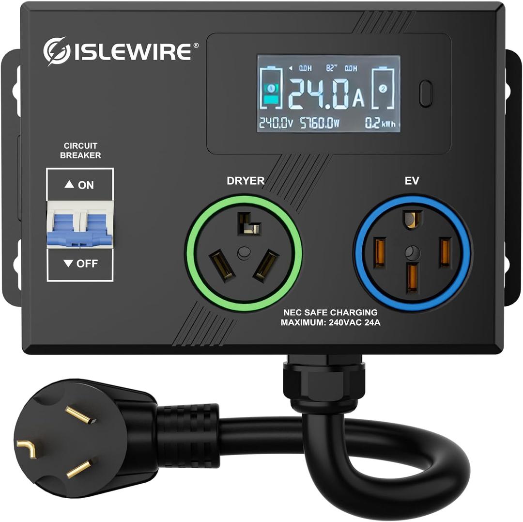 Smart Dryer Splitter for EV and Dryer, 240V Auto Power Switch for Dryer Outlet, 3-Color LED Ring, 3.4" LCD Display, No Rewiring Needed, NEMA 10-30 Plug, NEMA 10-30 & NEMA 14-50 Outlets (24 Amp)