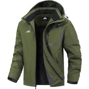 Men's Ski Jacket with Hooded Snowboarding Waterproof Fleece Lining Jacket Winter Coat Multi Pockets (X-Large, Army Green)