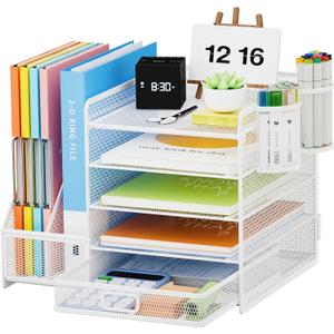 Lavatino Desk Organizer with File Holder, 5-Tier Paper Letter Tray Organizer with Sliding Drawer and 2 Pen Holder, Mesh Desktop File Organizer for Office Supplies, White