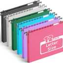 Ansook Extra Capacity Plastic Hanging File Folders,1" Expanding Accordian Pocket,Heavy Duty for Filing Cabinet, Hard and Durable Hang Folders,Insertable Tabs,Letter Size,Assorted Colors - 12 Pack