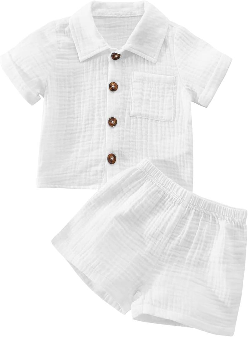 SHIBAOZI Toddler Baby Boys Clothes Set Button-Down Shirt Tops + Cotton Linen Shorts Summer Outfit 2PCS with Pockets (12-18 Months, Pure White)