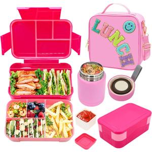 Pink Lunch Box for Girls with 10oz Thermo, with 6 Compartment Bento Box, Nylon Insulated Lunch Bag Adjustable Strap for Girl Kids Teens School Travel Picnic