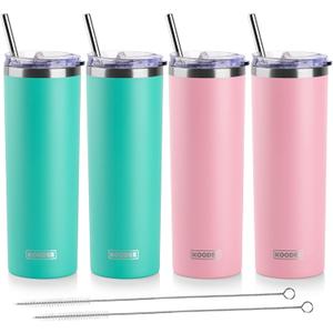 koodee 20 oz Stainless Steel Skinny Tumbler(4 Pack) Double Wall Insulated Water Tumbler Cup with Lids, Straws and Straw Brushe（Teal/2 Pack, Pink/2 Pack）