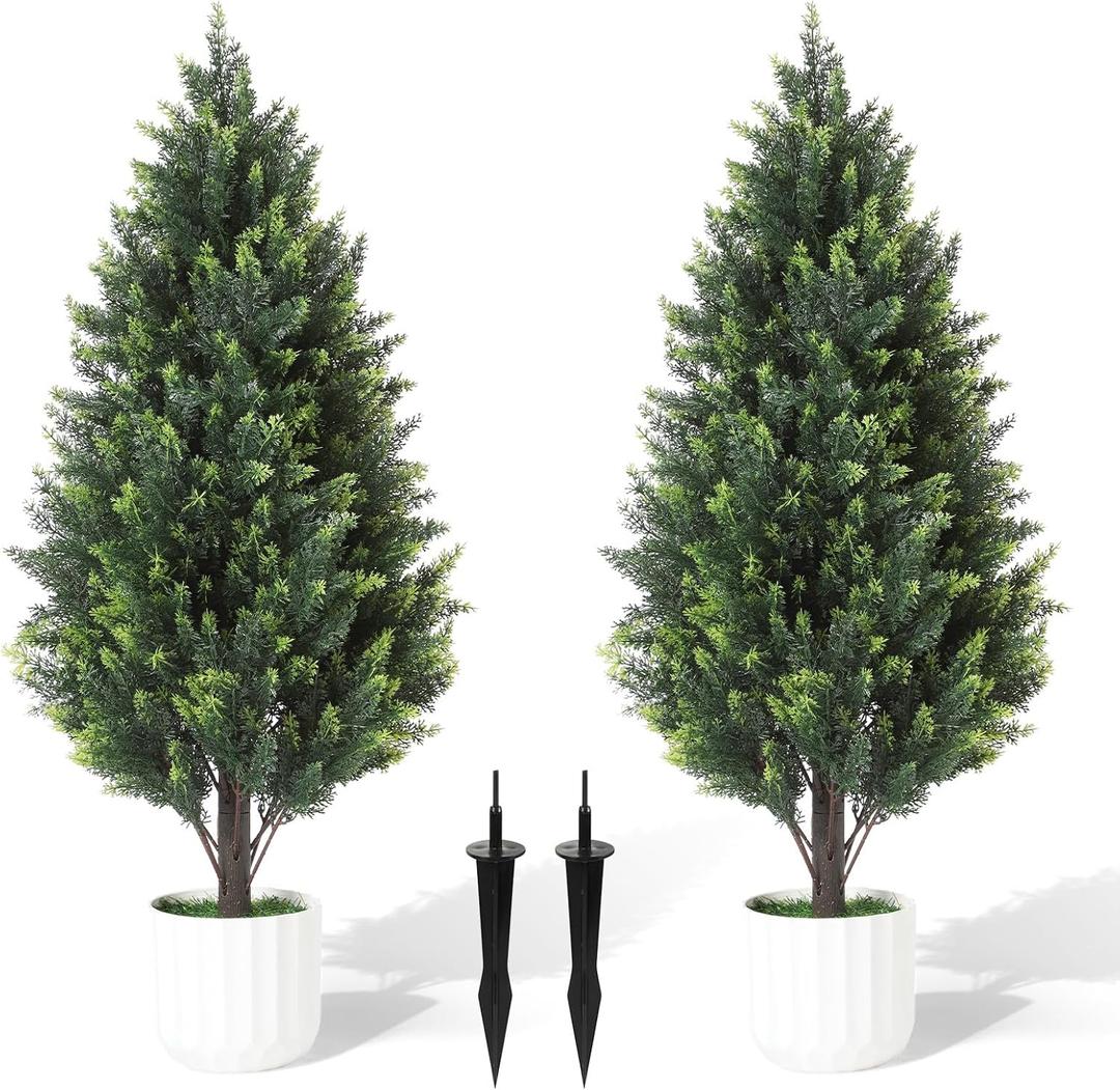 3FT Artificial Cedar Topiary Trees Set of 2 Detachable Planter & Spike,UV Resistant Faux Plants Outdoor and Indoor,Realistic Fake Bushes Pine Tree for Front Porch Decor