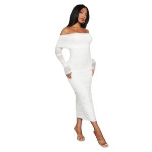 MOBTOR Women 2025 Summer Dress Long-Sleeved Off-Shoulder Pleated Mesh Dress(Size Small)