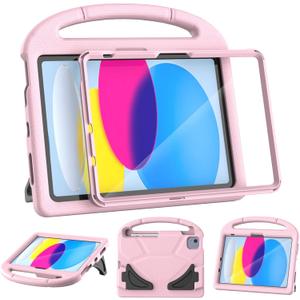 Kids Case for iPad (A16) 11th Generation 11 Inch 2025/iPad 10th Generation 10.9 Inch 2022, with Screen Protector and Pencil Holder, Shockproof Handle Stand Cover for iPad 11/10 Gen, Light Pink