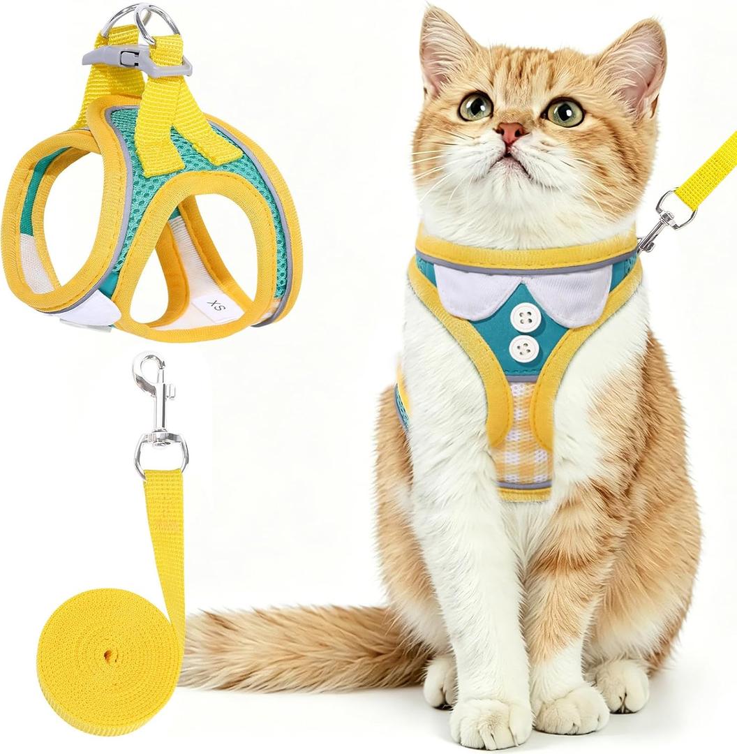 Cat Harness and Leash Set for Walking,Escape Proof Adjustable Cat Vest Harness with Reflective Strips,Breathable Lightweight Soft Mesh Kitten Harness and Leash for Kitty Bunny Puppy,XS