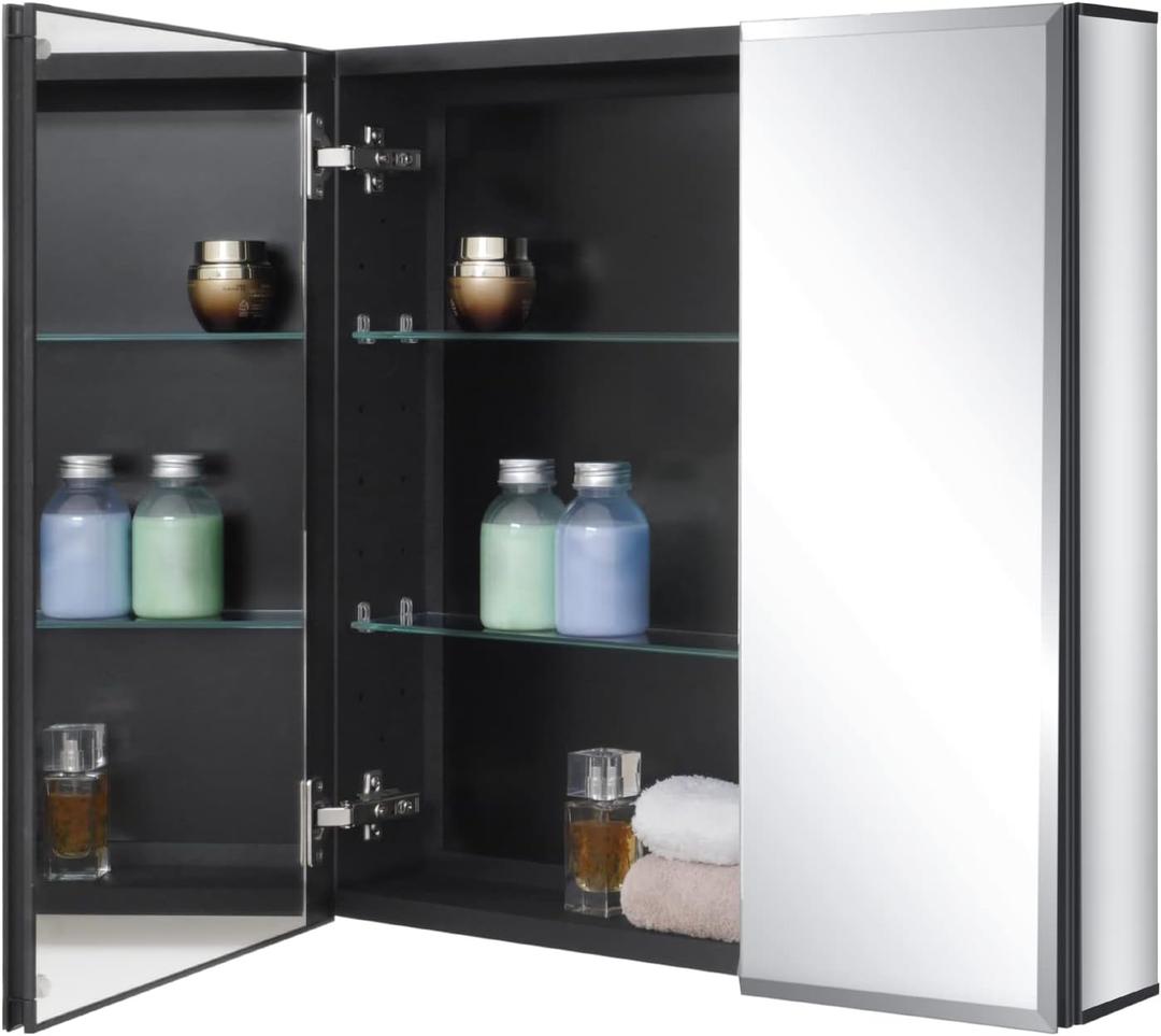 Fundin Black Aluminum Medicine Cabinet 24 x 24 Inch Recessed or Surface Mount, with Double Door and Adjustable Shelves., 24w X 24"h X 4.8"d
