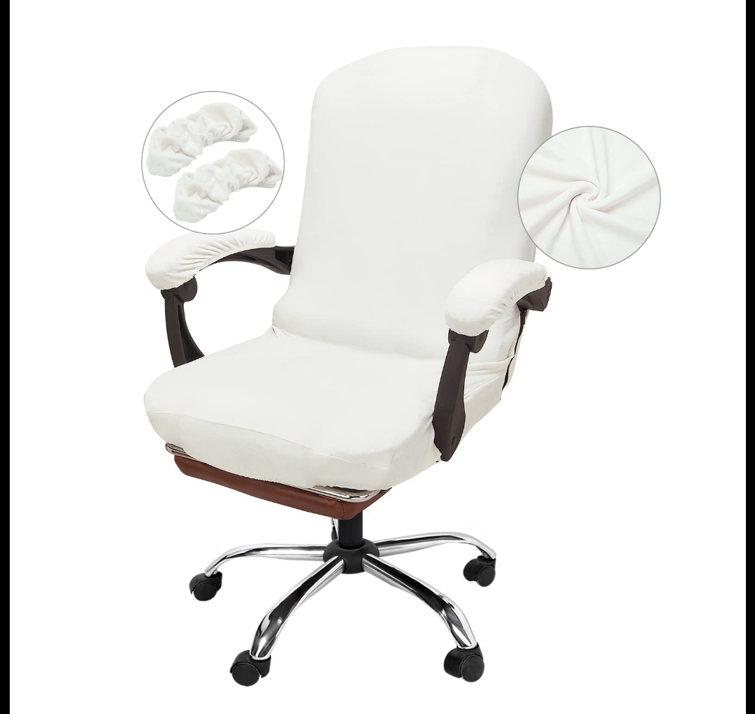 NeColorLife Office Chair Cover with Armrest Covers Stretchable Desk Chair Cover Thick Checked Jacquard High Back Office Seat Cover for Universal Rotating Chair (Large Size, White)