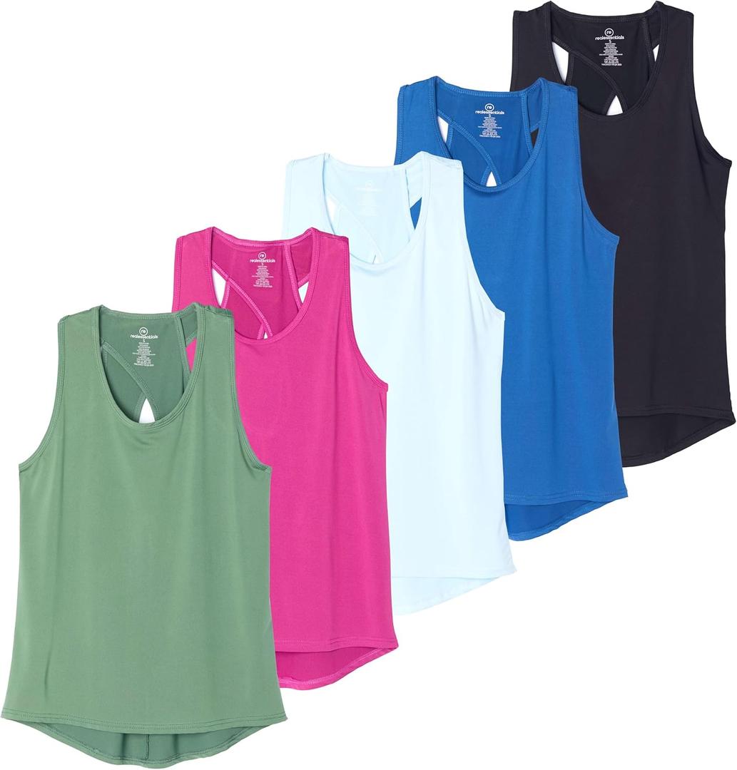 Real Essentials 5 Pack: Women's Crossback Keyhole Open Back Workout Tank Top Dry-Fit Sleeveless Yoga Gym (3X)