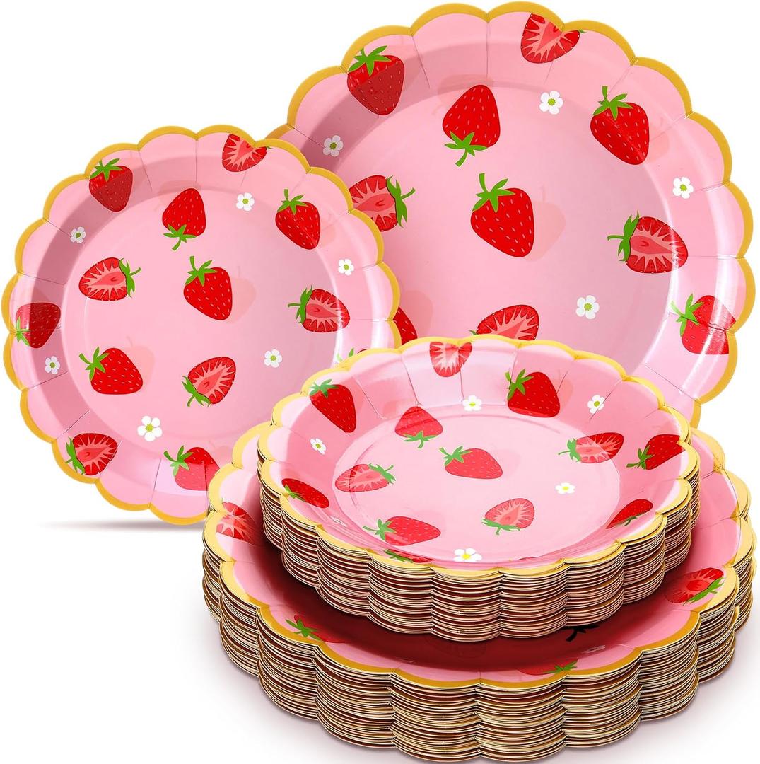 Havawish 60 Pcs Paper Strawberry Plates Berry First Birthday Disposable Paper Plates Party Decoration Fruit Strawberry Summer Party Supplies for Birthday Wedding Baby Shower Bachelorette