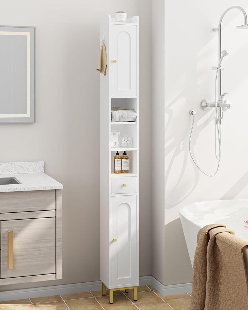 Bathroom Cabinet with Adjustable Shelves, Freestanding Floor Cabinet, Tall Bathroom Storage Cabinet with Doors & Drawer, Narrow Toilet Paper Storage Cabinet, White BC28013X