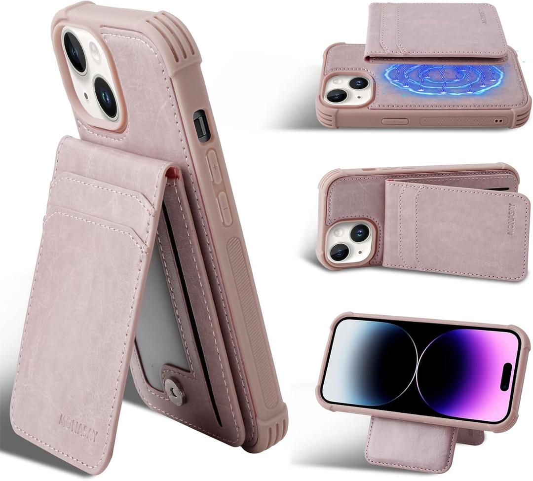 MONASAY Magsafe Wallet Case Compatible for iPhone 14 Plus 6.7 inch, [Supports Wireless Charging] [Screen Protector] Magnetic Leather Phone Cover with Detachable RFID Blocking Card Holder, Pinksand
