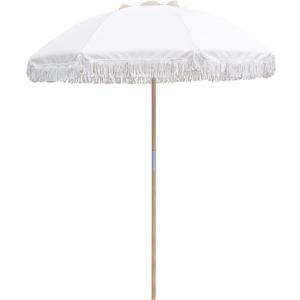 6FT Patio Beach Umbrella with Fringe, Wooden Beech Pole & 8 Fiberglass Ribs, Manual Push Lift with 30 Tilt, Outdoor Umbrella for Patio, Garden, Yard, Pool, Off White