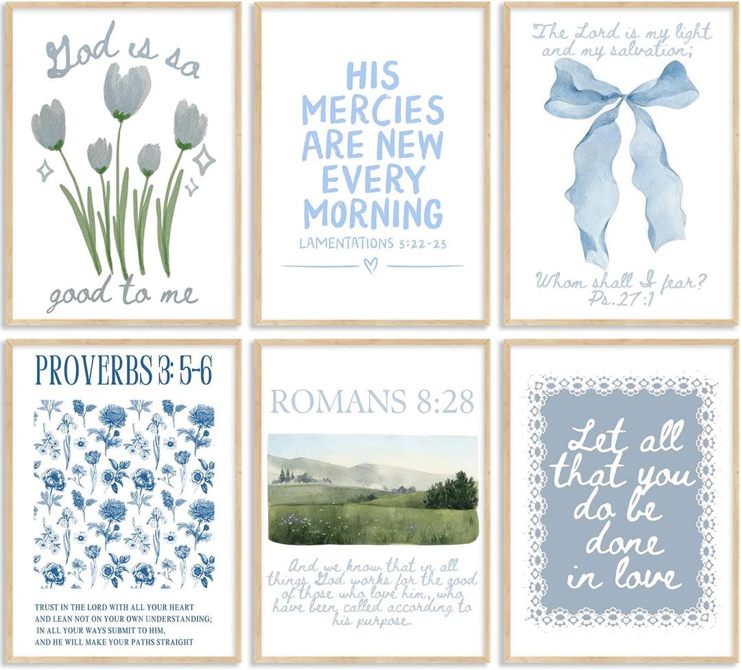 Set of 6 Trendy Blue Christian Canvas Wall Art Bible Verses Preppy Posters Coquette Blue Bow Biblical Painting Pictures Religious Scripture Prints for Girls Room Dorm Apartment Home Decor Unframed (10"Lx8"W)