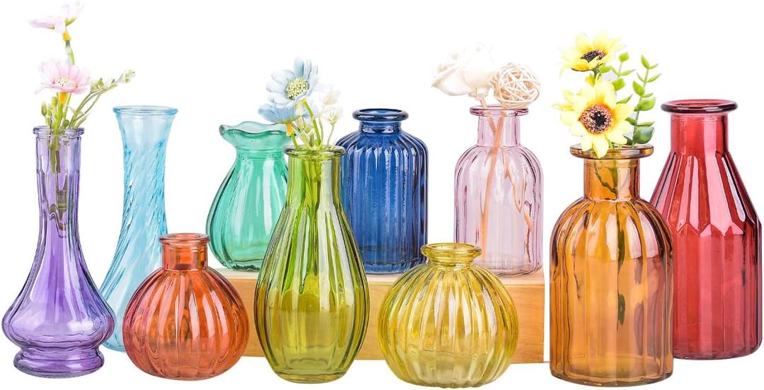Eleganttime Bud Vases for Flowers,Glass Colored Bud Vase in Bulk Set of 10,Small Vintage Vase Bottle for Wedding Decorations,Garden and Home Decor,Centerpieces,Colorful Mexican Décor
