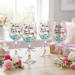 SiliFine 4 Pcs Mother's Day Floral Stemmed Wine Glasses Hand Painted Flower Drinking Cup with Bow Wine Glasses Gifts for Birthday Theme Holiday Party Supplies