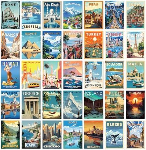 97 Decor Vintage Travel Decor - Travel Posters Wall Art Prints, Vintage Postcards from Around The World, City Landscape Aesthetic Pictures Retro Popular Cities Photo Collage Kit for Teen Bedroom (4x6)