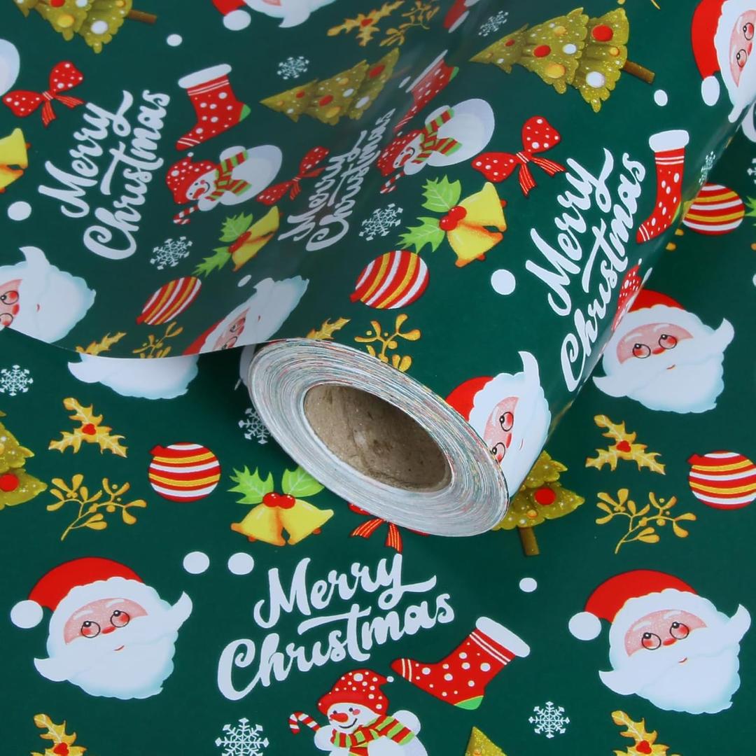 Aimyoo Green Santa Claus Christmas Wrapping Paper Jumbo Roll, Stockings Snowman Christmas Tree Kids Xmas Gift Wrap Paper 30 in x 72 ft