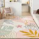 Lahome Washable Pink Area Rug 9x12 - Living Room Carpet Non-Slip Backing Ultra-Thin Extra Large Lightweight Throw Non Shedding Dining Room Rug, Boho Botanical Print Rug for Bedroom Guest Room Home
