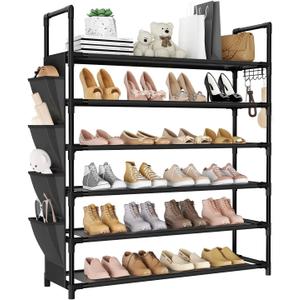 6 Tier Shoe Rack, Shoe Organizer Storage for 24-30 Pairs Shoe and Boot, Long Shoe Shelf with Hook and Side Pocket Free Standing Tall Shoe Rack Organizer for Closet, Entryway, Dorm (Black)