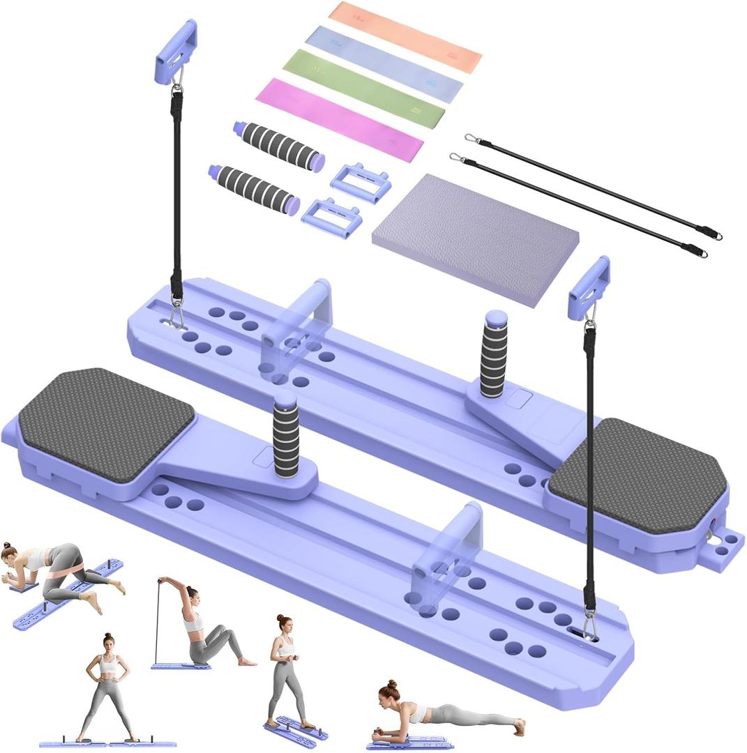Pilates Board for Home Workout, Protable Pilates Reformer Set for Core, Balance and Strength Training, 12 in 1 Multi-Purpose Pilates Reformer Machine for Women and Men (Purple)