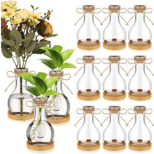 Baderke 12 Pack Small Plastic Vases for Centerpieces Bulb Vase with Bamboo Coaster Clear Bulb Flowers Bottle for Flowers Rustic Wedding Home Centerpieces Arranging Bouquets