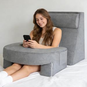 Reading Pillow Set for Adults 3-Piece - Ergonomic Back/Neck Support with Arms & Pockets - 26D High-Density Foam for Bed/Couch Reading Gaming Watching TV (Light Gray)