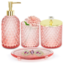 Haturi Pink Bathroom Accessories Set, 4 Pcs Glass Bathroom Accessory Set Complete w/Soap Dispenser, Toothbrush Holder, Qtip Holder, Vanity Tray, Gold Bathroom Set Decor, Gift for Girl Home Apartment