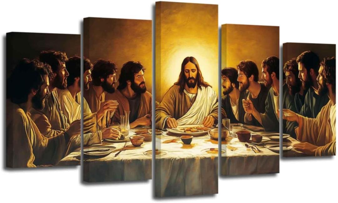 ZSHARTSWD 5 Piece The Last Supper Wall Art Large Christian Wall Decor Jesus Canvas Pictures Religious Paintings Print for Living Room Dining Room Home Framed (Yellow, 12x16inx2 12x24inx2 12x32inx1)