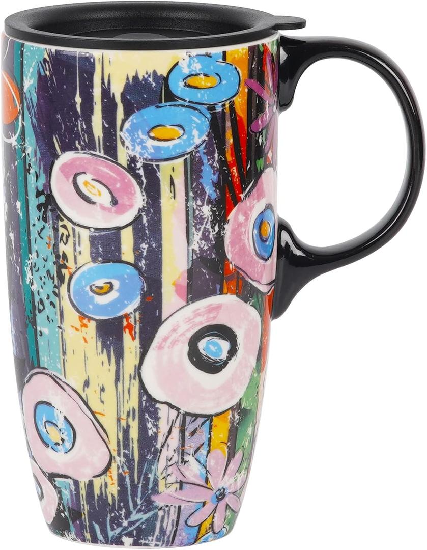 DUSVALLY Ceramic Coffee Mug with Lid and Handle, Porcelain Travel Tea Cup for Latte, Cappuccino and Cocoa, Circular Doodle for Retirement, Housewarming and Graduation, 17 oz