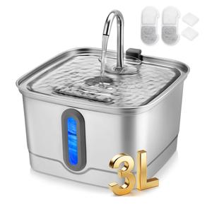 Stainless Steel Cat Water Fountain, 101oz/3L Automatic Pet Water Fountain, Dog Water Fountain with Replacement Filters for Cats, Small Dogs (2 Filters and 2 Sponges)