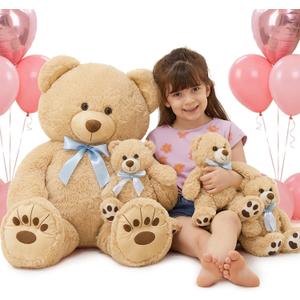 MorisMos Giant Teddy Bear Stuffed Animal with Baby Bears, 35.4'' Big Mommy Stuffed Bear, 3 Small Bulk Teddy Bear Stuffed Animals for Baby Shower Birthday, 4-Pack Brown Bear Toys for Kids Mom Girlfriends