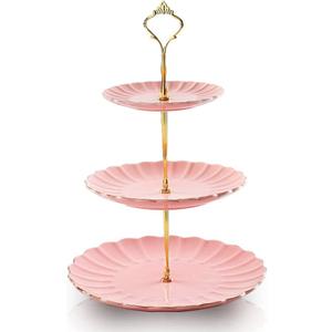 Sweejar 3 Tier Ceramic Cake Stand Wedding, Dessert Cupcake Stand for Tea Party Serving Platter (Pink)
