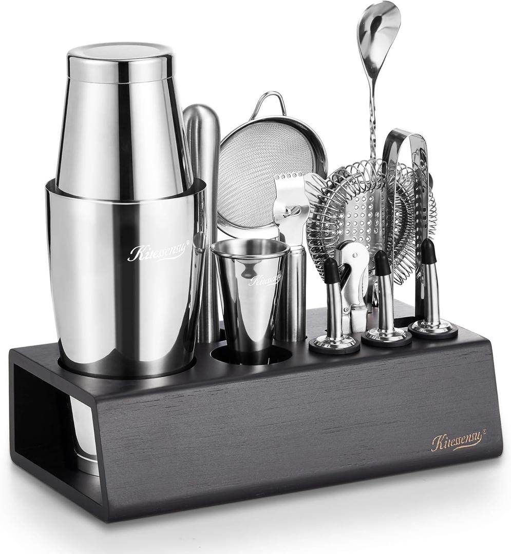 KITESSENSU Boston Shaker Set Mixology Bartender Kit | Premium Cocktail Shaker Kit with Stand Professional Home Bar Tools Accessories: Martini Shaker, Citrus Tools, Fine Mesh Strainers, Muddler, Jigger