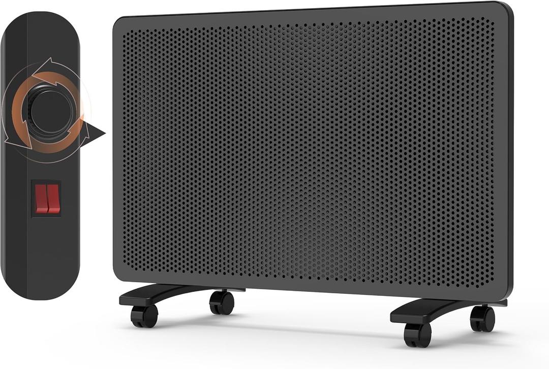 Mica Panel Space Heater, 1500W Quiet Electric Room Heater for Indoor Use, Fast 10-Second Heating, Adjustable Thermostat, Freestanding or Wall Mount, Overheat & Tip Protection, Black