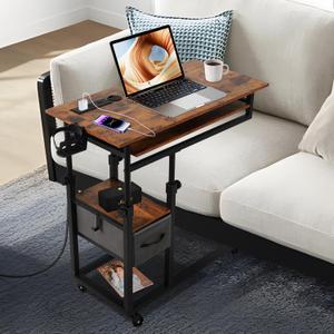 GCCSJ C Desk on Wheels, Height Adjustable Overbed Desk with Charging Station, Couch with Cup Holder, Hook, Drawers, C Shaped End Table for Couch, Over Bed, Living Room