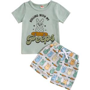 Noubeau Baby Boys Easter Outfits Cute Bunny Graphic Print T-Shirt Short Sleeve Tops Rabbit Shorts Summer Clothes (Green)