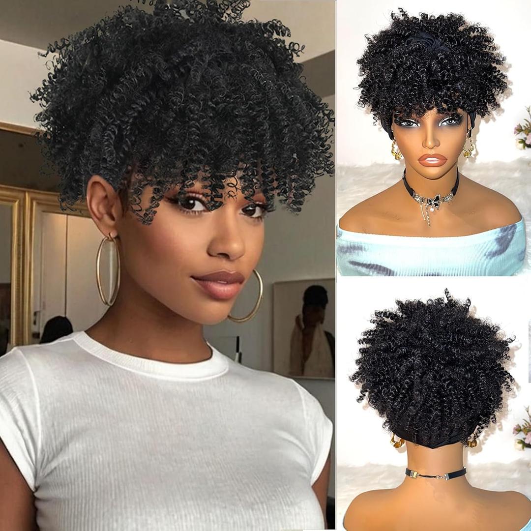 Afro Kinky Headband Wig with Bangs for Women Black Head Wrap 2 in 1 for Women Curly Full Scarf Wigs Synthetic Short Afro Kinky Afro High Puff Wig (Heibu-Black)
