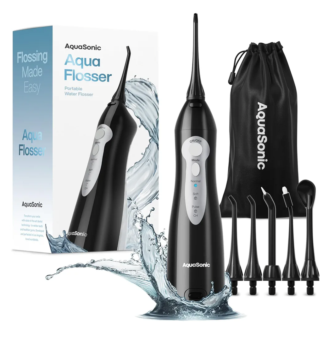 AquaSonic Water Flosser - Cordless Rechargeable Water Flossers for Teeth Cleaning - Waterproof Aqua Flosser, Portable Oral Irrigator for Dental Cleaning with 5 Jet Tips Braces Home Travel (Black)