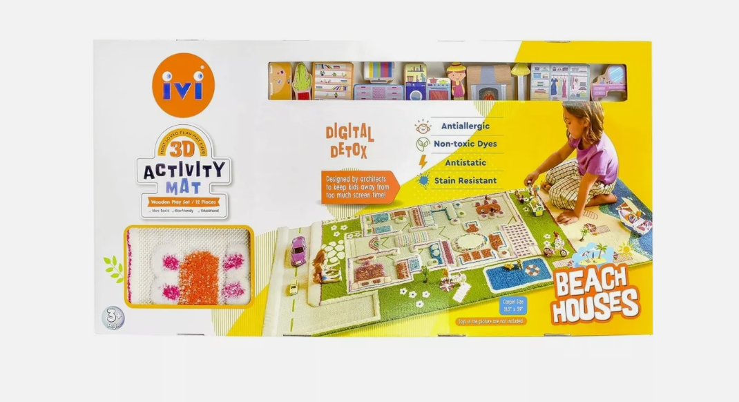 IVI Beach House 3D Kids Play Mat, 59" L x 32" W with IVI Non-Toxic Wooden Toys