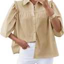 Cicy Bell Womens Summer Button Down Shirts Short Ruffle Puff Sleeve Cotton Blouses Dressy Casual Ladies Tops (Large, Beige)
